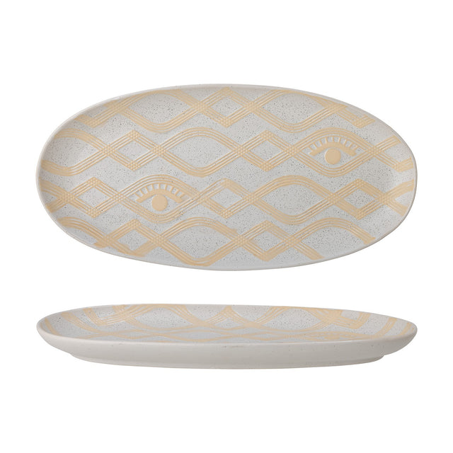 Newa Stoneware Tray in White, oval shape with low rim, speckled glaze and wavy diamond pattern with two eye motifs, shown top and side view on a white background.