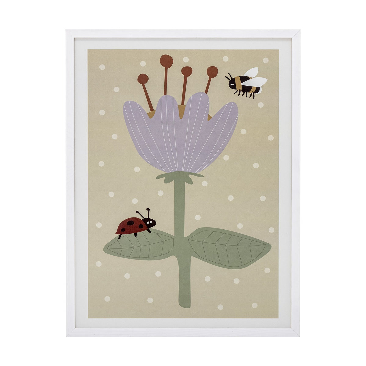 Numa Wooden Framed Print in white pine with plexiglass front, showing a lilac flower with four stamens, green leaves, a bee and ladybird on a spotted beige background.