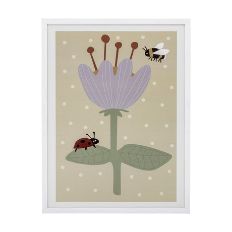 Numa Wooden Framed Print in white pine with plexiglass front, showing a lilac flower with four stamens, green leaves, a bee and ladybird on a spotted beige background.
