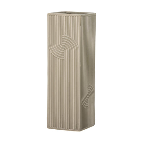 Heeira Square Stoneware Vase 26cm in beige, a tall ribbed ceramic vase with interlocking arc details on two sides, shown against a plain white background.