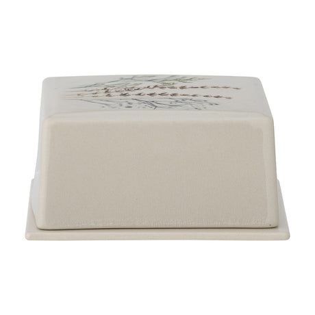 Bea Crackle Stoneware Butter Dish in cream, a box-shaped lid with floral stem motif and crackle glaze atop a flat rectangular base, shown on a plain white background.