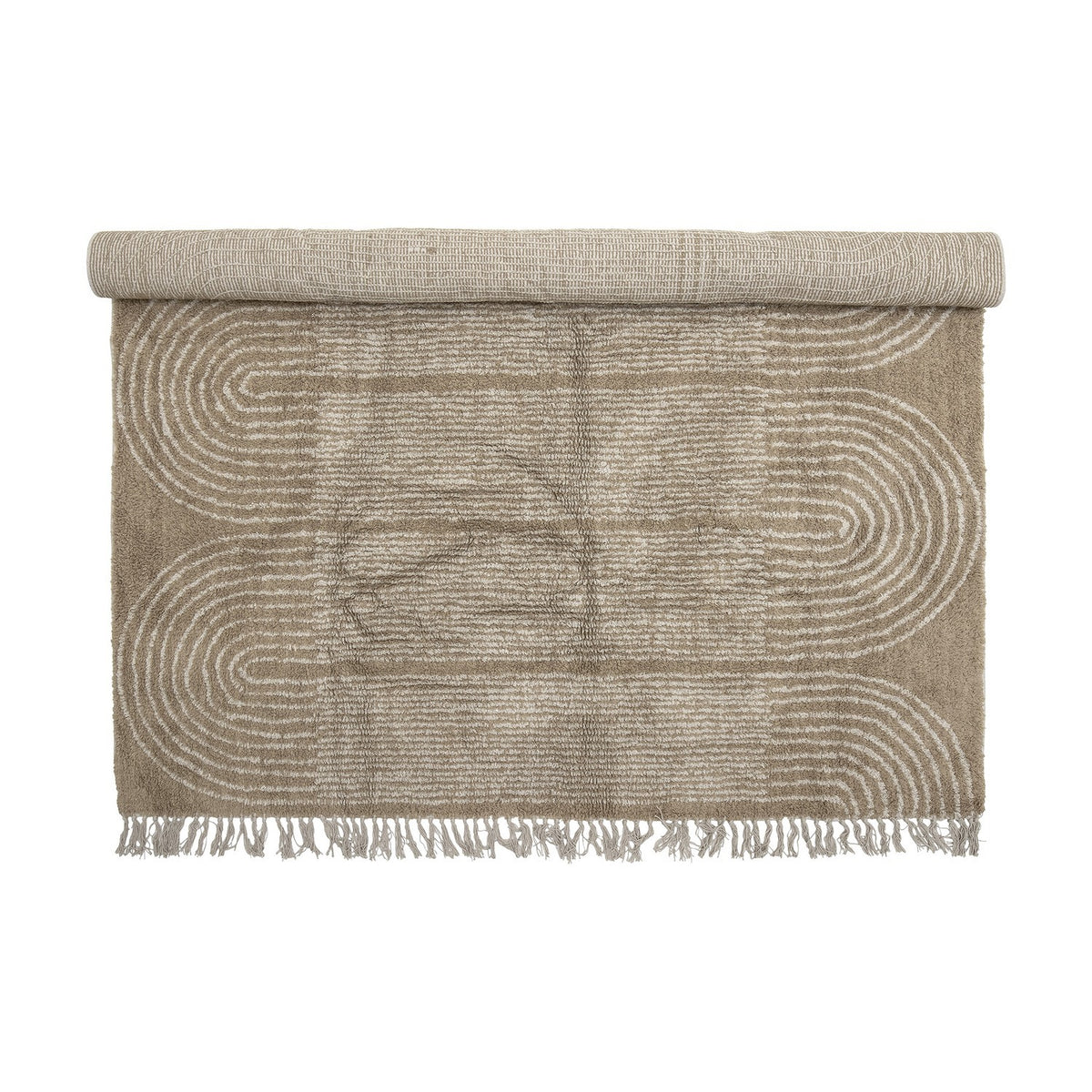 Zeynep Cotton Rug 215x150cm in brown, partially rolled, showing a tufted arch pattern with fringed edges on a plain white background.