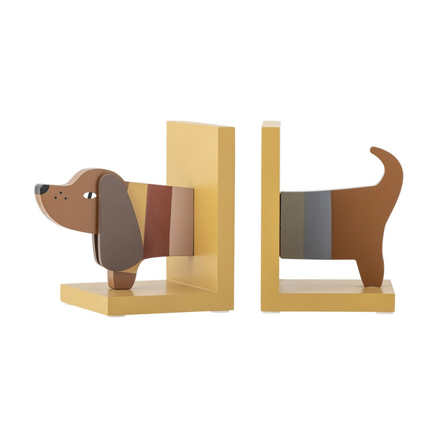 Set of 2 MDF Charlie Dog bookends shaped as a dog's head and back legs with curling tail, striped multicoloured finish on a yellow base.