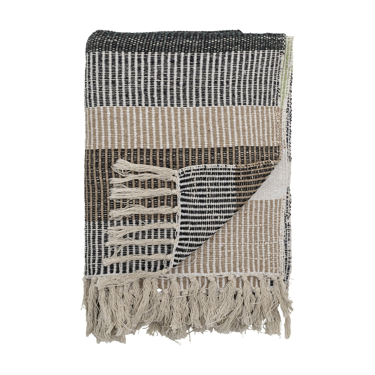 Isnel Black Striped Cotton Throw folded to show black, beige and white woven stripes with knotted fringe, against a plain white background.