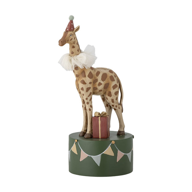 Flor 25cm Resin Candle Holder: polyresin giraffe in a party hat and ruff beside a gift on a green bunting drum base, with a candle socket on its back, on a white background.