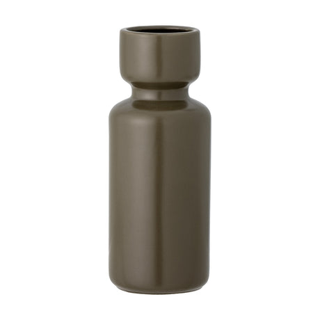 Ibro Stoneware Vase 24cm in green, a tall slim cylindrical vase with a narrow waist and cupped collar opening, matte ceramic finish, shown on a plain white background.