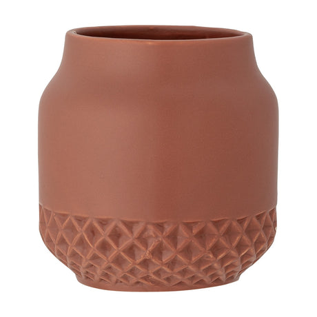 Holden Stoneware Plant Pot in rust with a smooth rounded upper body and a textured diamond-patterned lower band, shown on a plain white background.