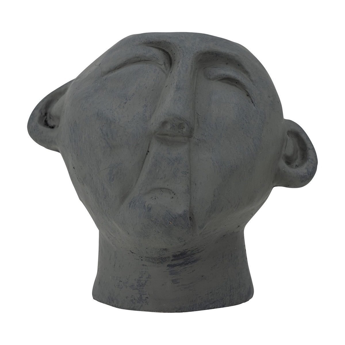 Vesla Terracotta Ornament in grey, a sculpted head with closed eyes, arched brows, long nose and protruding ears on a short flared neck, shown on a white background.