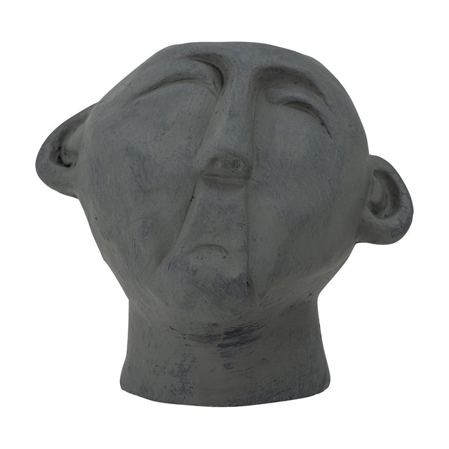 Vesla Terracotta Ornament in grey, a sculpted head with closed eyes, arched brows, long nose and protruding ears on a short flared neck, shown on a white background.