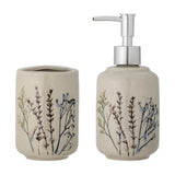 Bea Crackle Stoneware Soap Dispenser Set of 2 in beige, featuring a chrome pump-top dispenser and matching tumbler with floral sprig motifs, shown on a white background.