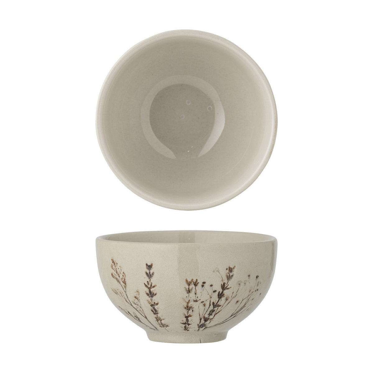 Bea Floral Stoneware Bowl 11.5cm in beige, shown from above and side, with a plain glazed interior and fine floral sprig pattern around the exterior, on a white background.