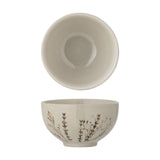Bea Floral Stoneware Bowl 11.5cm in beige, shown from above and side, with a plain glazed interior and fine floral sprig pattern around the exterior, on a white background.