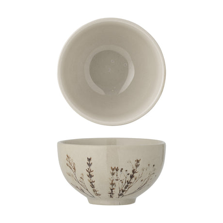 Bea Floral Stoneware Bowl 11.5cm in beige, shown from above and side, with a plain glazed interior and fine floral sprig pattern around the exterior, on a white background.