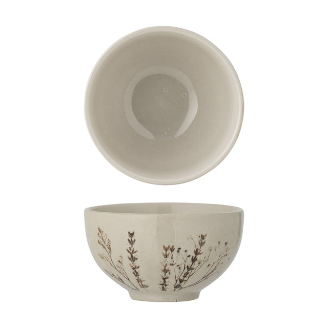 Bea Floral Stoneware Bowl 11.5cm in beige, shown from above and side, with a plain glazed interior and fine floral sprig pattern around the exterior, on a white background.