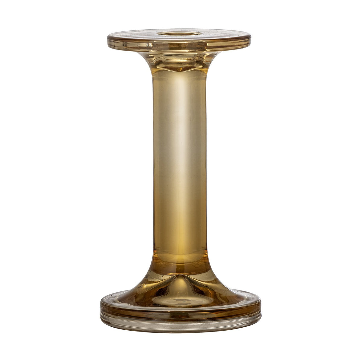 Jamey Glass Candle Holder in amber, a slim glass column on a flared round base with a flat top disc and central taper socket, shown on a plain white background.