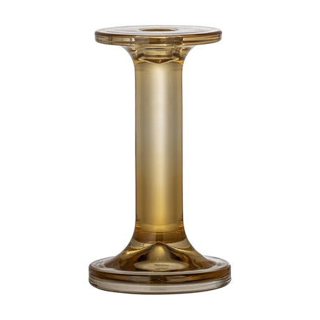 Jamey Glass Candle Holder in amber, a slim glass column on a flared round base with a flat top disc and central taper socket, shown on a plain white background.