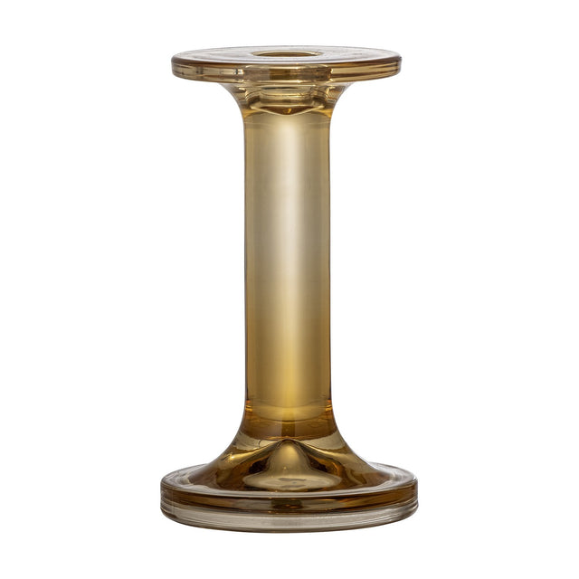 Jamey Glass Candle Holder in amber, a slim glass column on a flared round base with a flat top disc and central taper socket, shown on a plain white background.