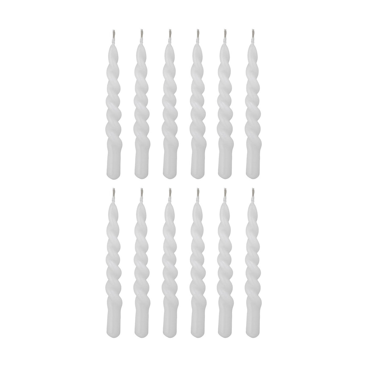 Twist Candles Pack of 12 in white paraffin, slim spiral-patterned tapers with plain bases, arranged in two rows on a plain white background.