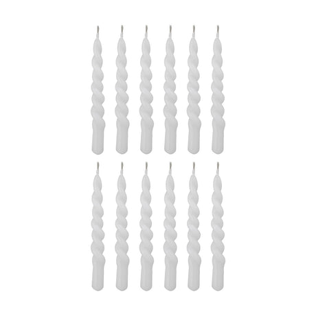 Twist Candles Pack of 12 in white paraffin, slim spiral-patterned tapers with plain bases, arranged in two rows on a plain white background.