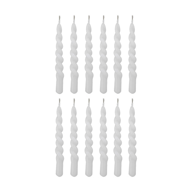Twist Candles Pack of 12 in white paraffin, slim spiral-patterned tapers with plain bases, arranged in two rows on a plain white background.