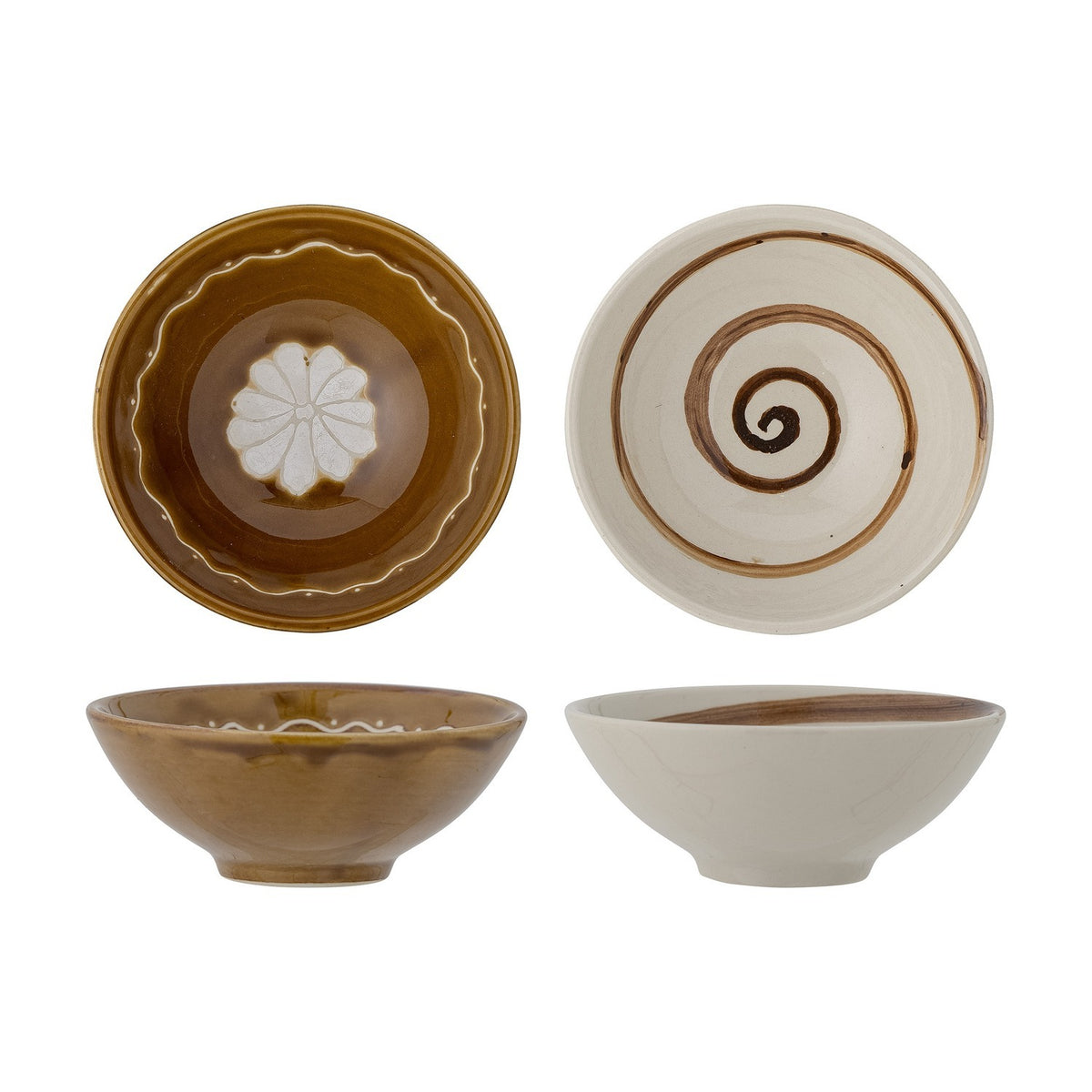 Heikki Floral Stoneware Bowls 12cm Set of 2, shown top and side views on a white background, one amber bowl with a white flower motif, the other cream with a brown spiral pattern.
