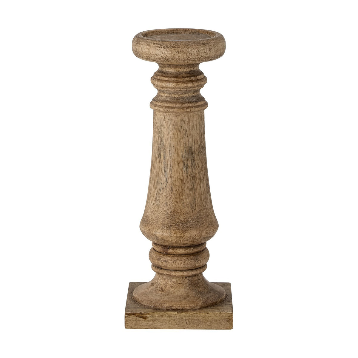 Noore Wooden Candle Holder 31cm in Natural, a tall turned mango wood pillar candle holder with ridged collars and a square flat base, shown on a plain white background.