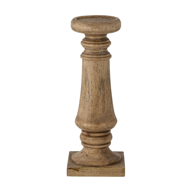 Noore Wooden Candle Holder 31cm in Natural, a tall turned mango wood pillar candle holder with ridged collars and a square flat base, shown on a plain white background.