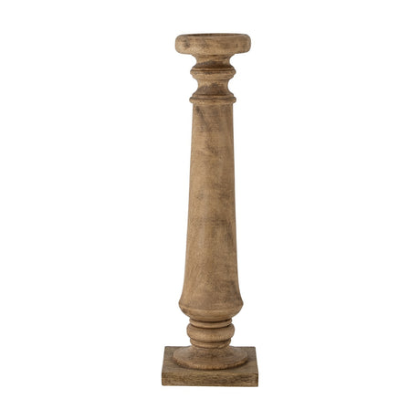 Noore wooden candle holder, 46cm tall baluster column in natural mango wood with ringed details and square foot base, shown against a plain white background.
