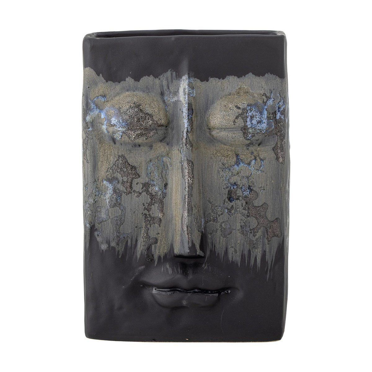 Nasru Stoneware Vase 22cm in black with a moulded face design, closed eyes, nose and lips, a speckled drip-glaze band across the eyes, set on a plain white background.
