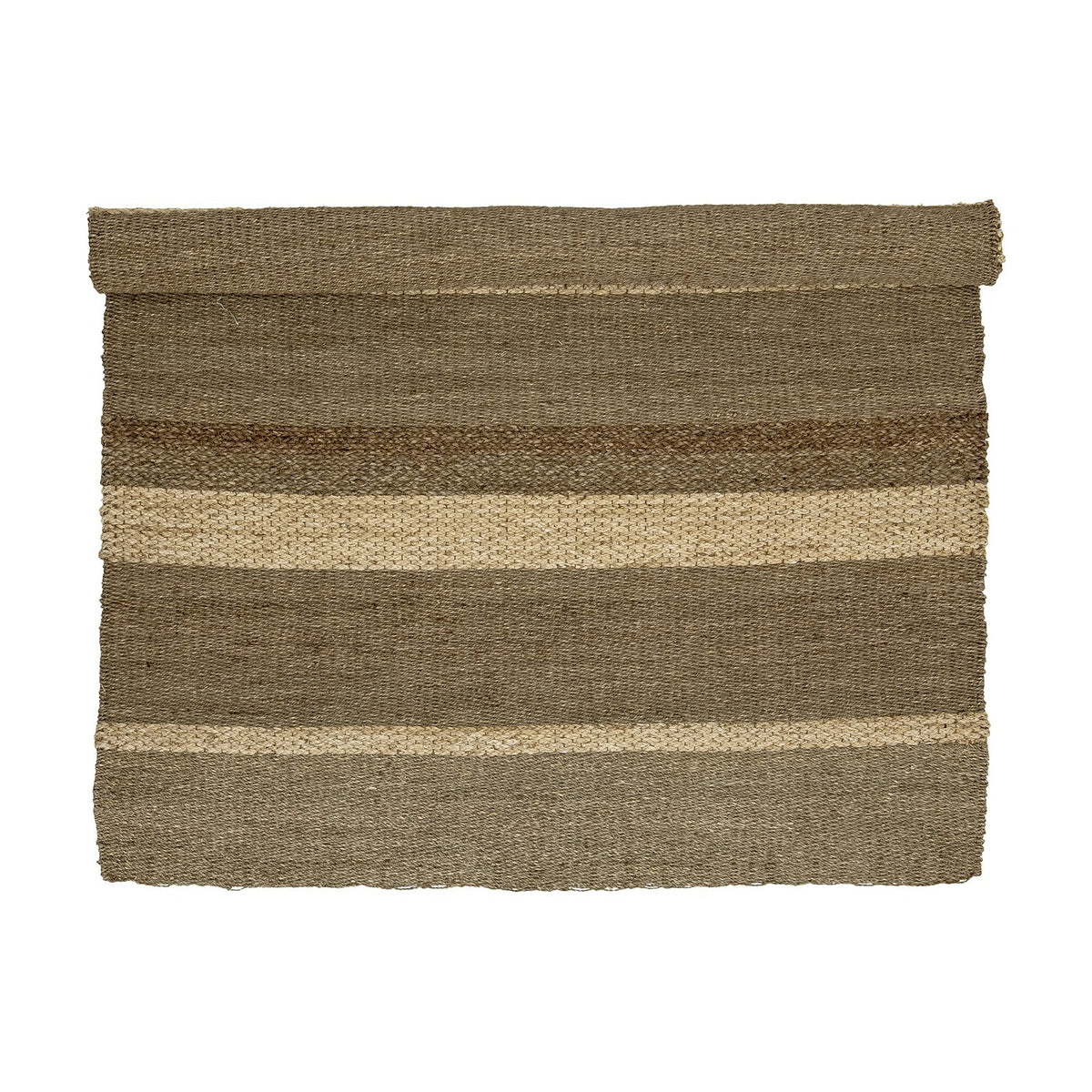 Felex Striped Seagrass Rug, 260x180cm, partially rolled, showing broad natural-toned stripes with alternating flat and braided woven textures on a plain white background.
