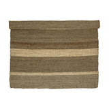 Felex Striped Seagrass Rug, 260x180cm, partially rolled, showing broad natural-toned stripes with alternating flat and braided woven textures on a plain white background.