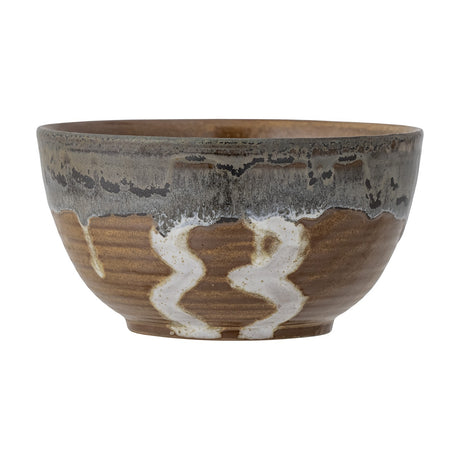 Senna Stoneware Bowl 14cm in brown with a grey drip glaze rim over ridged texture and a wavy white pattern on one side, shown against a plain white background.