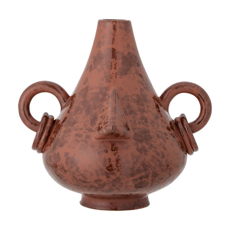 Tarun Stoneware Vase 35.5cm in Brown, a teardrop-shaped ceramic vase with a sculpted nose and ring handles resembling ears with hoop earrings, set on a plain white background.