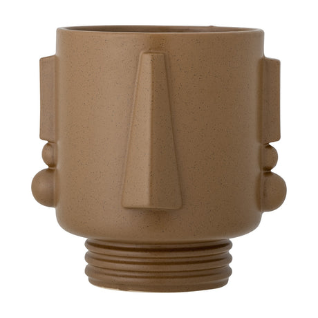 Guxim Stoneware Plant Pot in brown with a face design, featuring a tapering nose, blocky ear shapes, hanging bead details, and a ribbed stacked-ring base, shown on a plain white background.