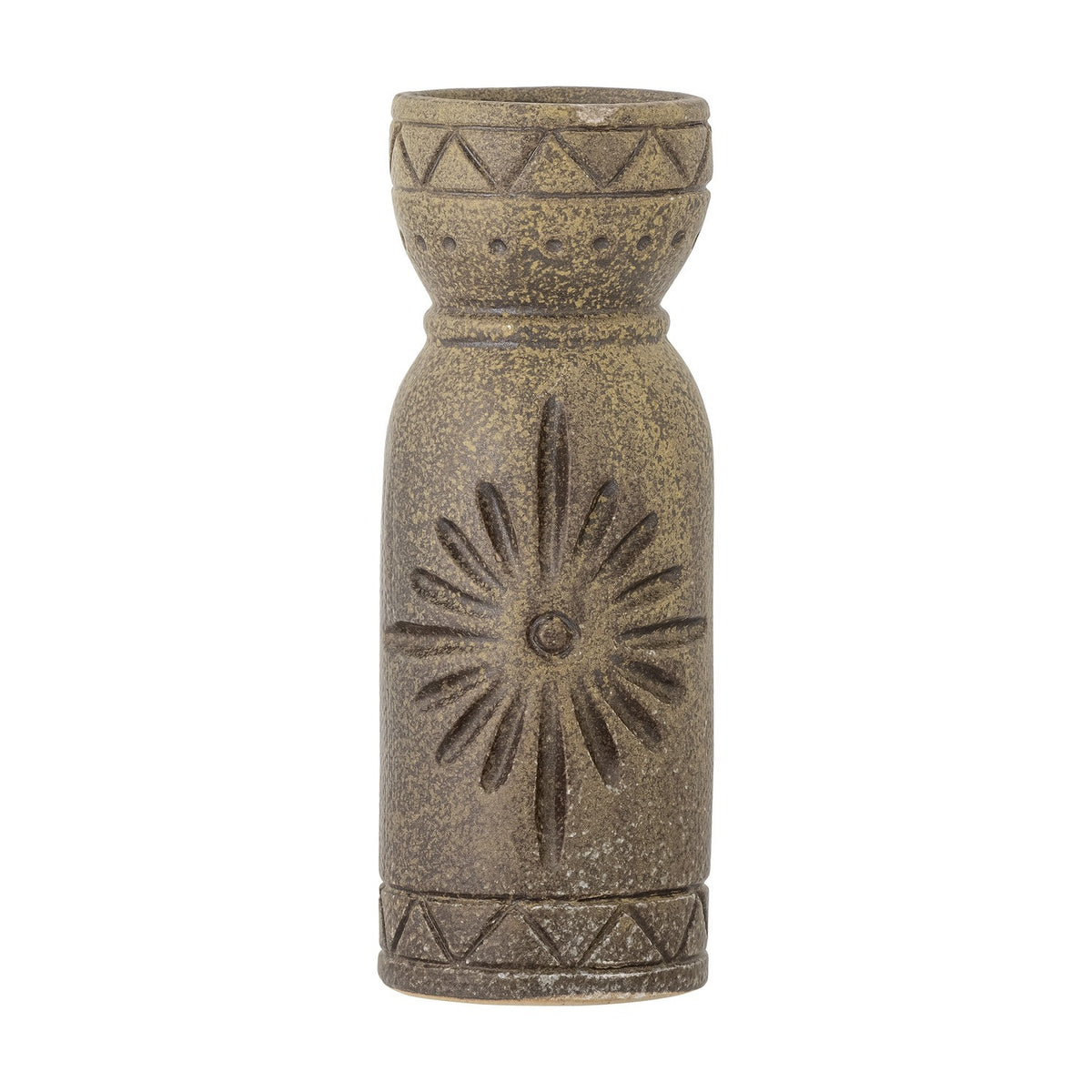Gerde Stoneware Vase 21cm in brown with a narrow waisted body, flared collar, pressed sunburst motif, zigzag triangle bands and dotted detailing, shown on a plain white background.
