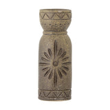 Gerde Stoneware Vase 21cm in brown with a narrow waisted body, flared collar, pressed sunburst motif, zigzag triangle bands and dotted detailing, shown on a plain white background.