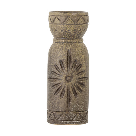 Gerde Stoneware Vase 21cm in brown with a narrow waisted body, flared collar, pressed sunburst motif, zigzag triangle bands and dotted detailing, shown on a plain white background.
