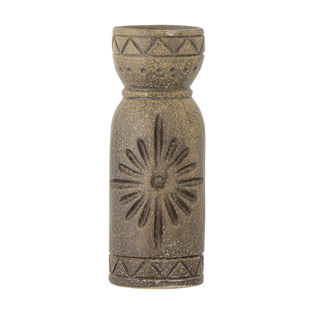 Gerde Stoneware Vase 21cm in brown with a narrow waisted body, flared collar, pressed sunburst motif, zigzag triangle bands and dotted detailing, shown on a plain white background.