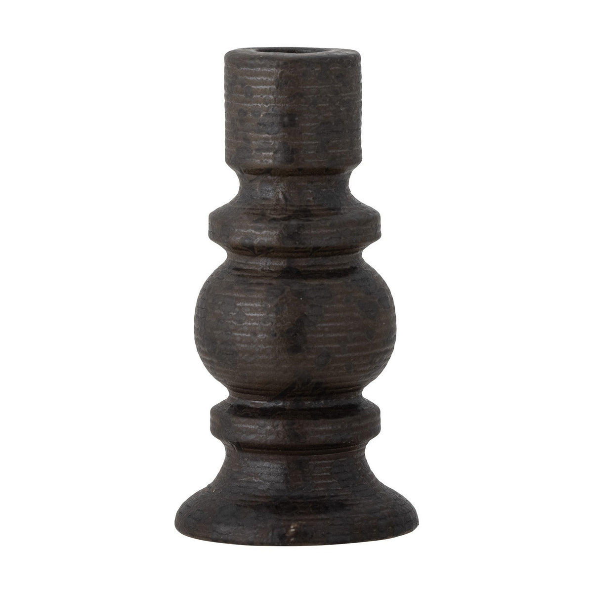 Hui Stoneware Candle Holder in black, a turned ceramic piece with ridged texture, stacked rings and rounded centre on a flared foot, shown on a plain white background.