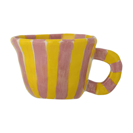 Nini Yellow Striped Stoneware Cup 110ml, small handmade ceramic cup with pink and yellow stripes from rim to base and around the loop handle, shown on a plain white background.