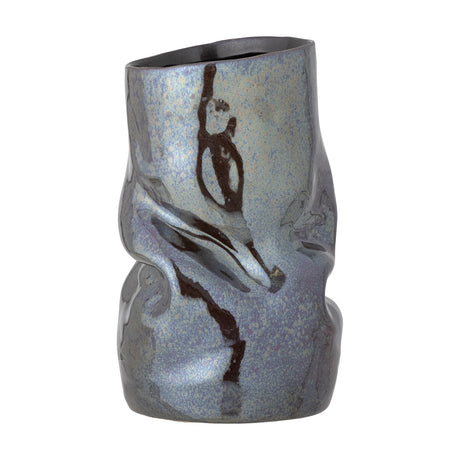 Apio Stoneware Vase 22.5cm in grey, a twisted, pinched ceramic form with an uneven rim and dark abstract markings, shown on a plain white background.