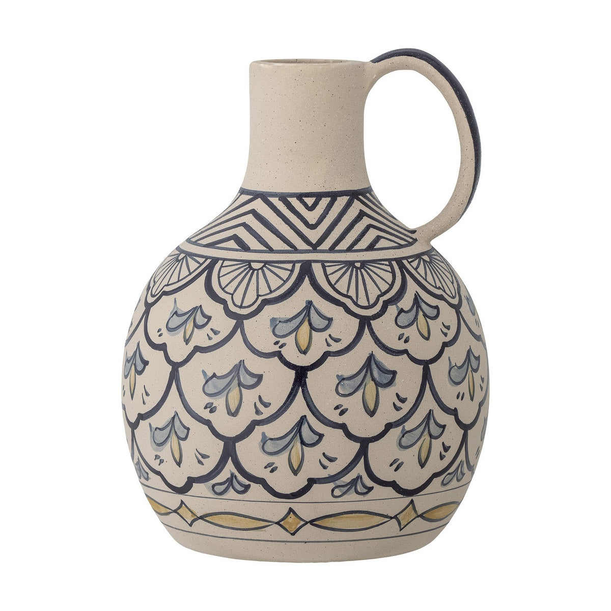 Nadya Round Stoneware Vase 27cm in beige with narrow neck, loop handle, hand-painted chevron, fan, scallop and diamond motifs, shown on a plain white background.