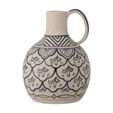 Nadya Round Stoneware Vase 27cm in beige with narrow neck, loop handle, hand-painted chevron, fan, scallop and diamond motifs, shown on a plain white background.