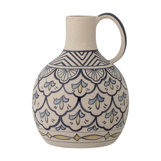 Nadya Round Stoneware Vase 27cm in beige with narrow neck, loop handle, hand-painted chevron, fan, scallop and diamond motifs, shown on a plain white background.