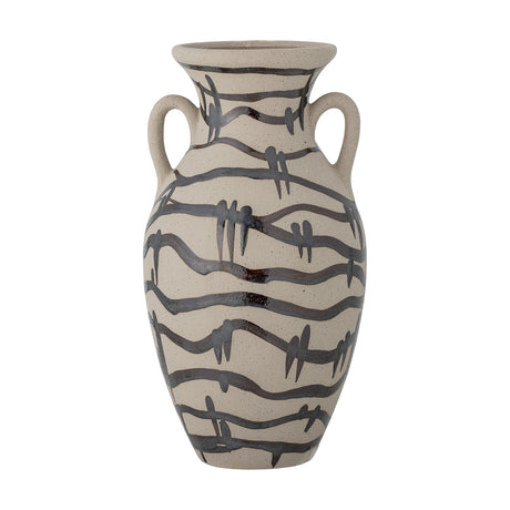 Ohana Stoneware Vase 31cm in beige, amphora shape with flared rim, two looped handles, and hand-painted dark wavy barbed-wire style bands, on a plain white background.