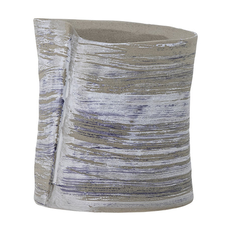 Adelle Stoneware Plant Pot in grey with horizontal brushed streaks, a folded seam from rim to base, and an irregular pinched rim, shown against a plain white background.