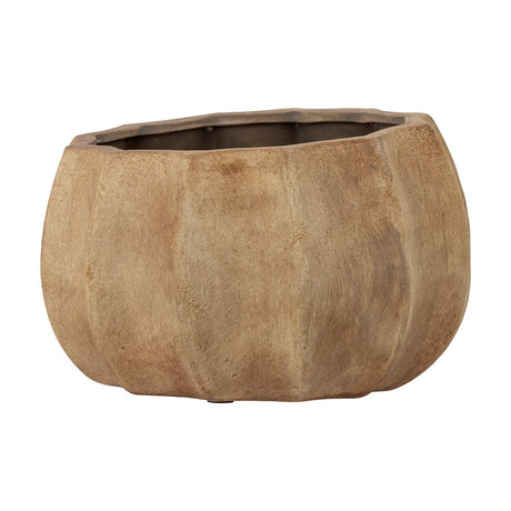 Conja Terracotta Plant Pot in brown, a wide low planter with a rounded, pumpkin-style ribbed body and gently waved rim, shown on a plain white background.