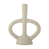Ramina resin candle holder in beige, with a tall slender stem and two rounded looped arms curving to a flared base, on a plain white background.