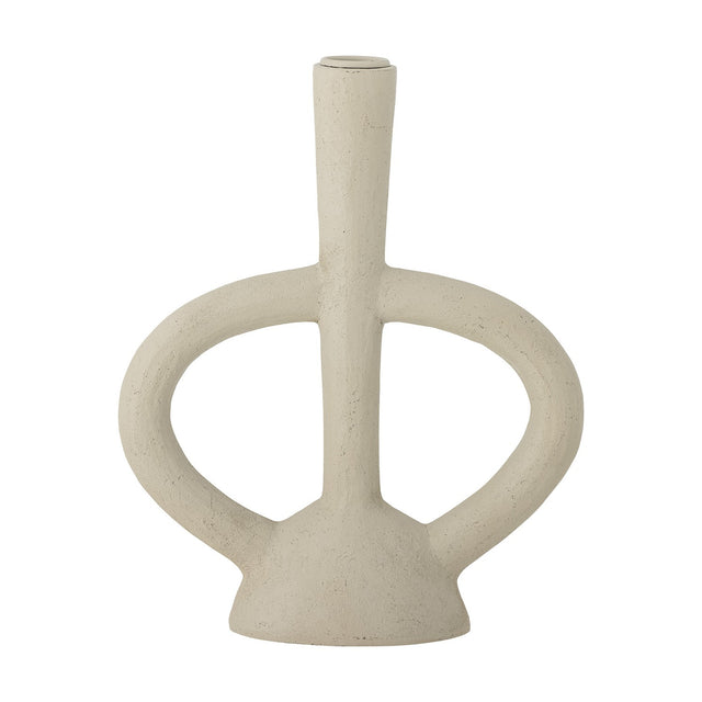 Ramina resin candle holder in beige, with a tall slender stem and two rounded looped arms curving to a flared base, on a plain white background.