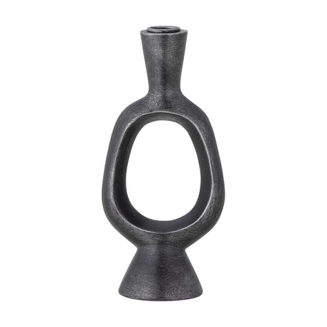 Bijan Resin Candle Holder in black, sculptural design with a flared neck, open oval loop base, and conical foot on a plain white background.
